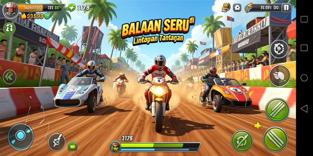 Tampilan menarik dari gameplay balapan di 3178 dengan kendaraan cepat.