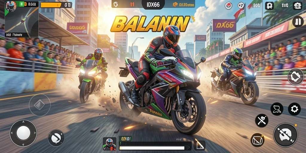 Gameplay seru IDX66 dengan balapan motor yang menegangkan.