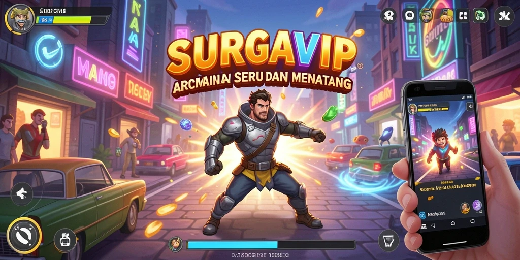 Tangkapan layar SURGAVIP menampilkan aksi seru dalam permainan arcade.